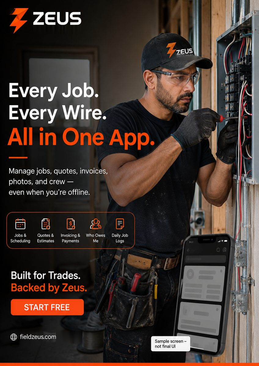 Campaign poster: an electrician at a panel, beside the headline "Every Job. Every Wire. All in One App."