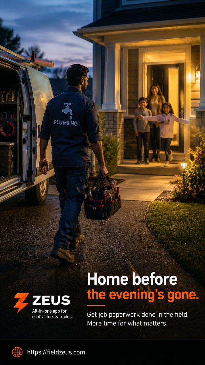 Campaign poster: a tradesperson arriving home at dusk, beside the headline "Home before the evening's gone."