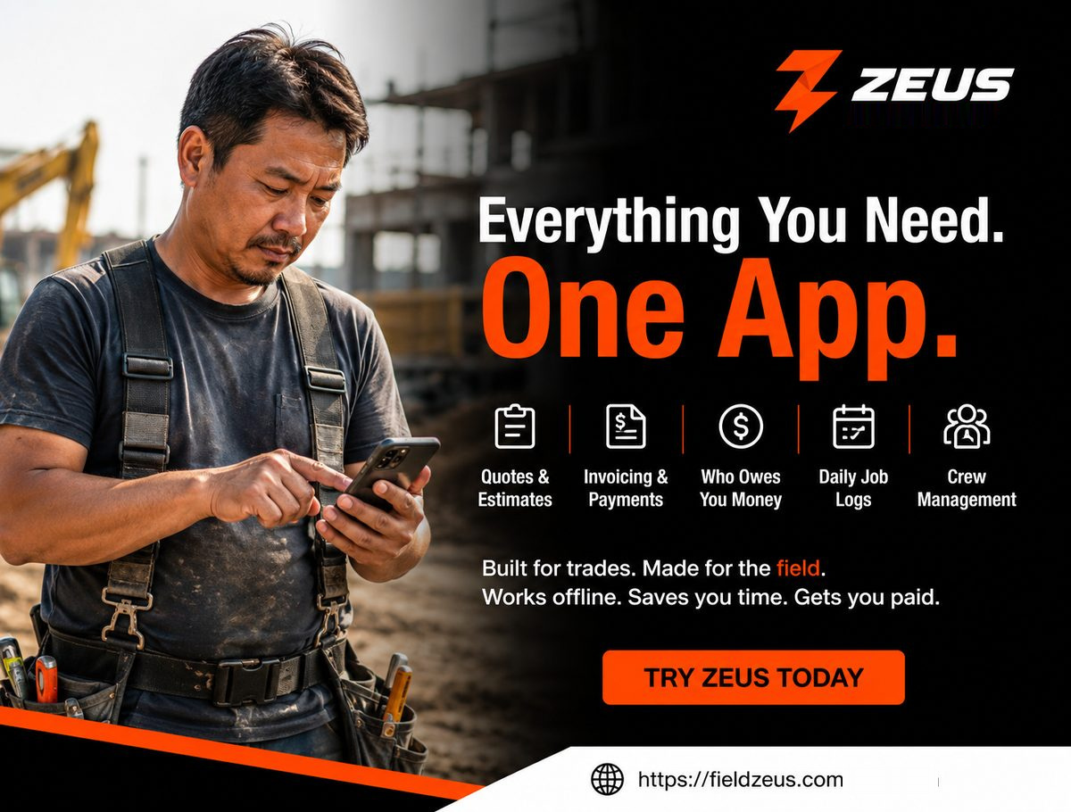 Campaign poster: a tradesperson checking a phone on site, beside the headline "Everything You Need. One App."