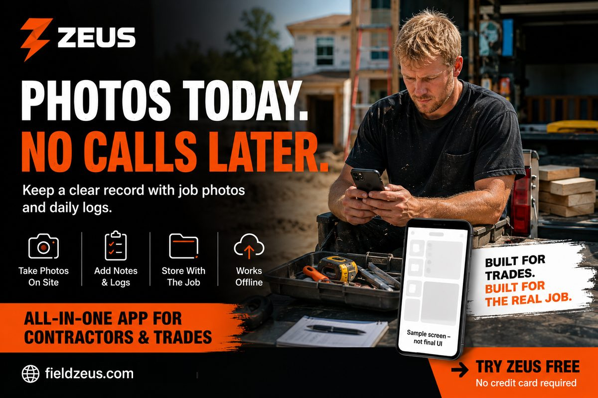Campaign poster: a tradesperson photographing finished work, beside the headline "Photos Today. No Calls Later."