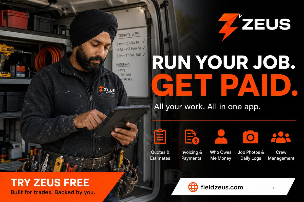 Campaign poster: a tradesperson at a work van, beside the headline "Run Your Job. Get Paid."