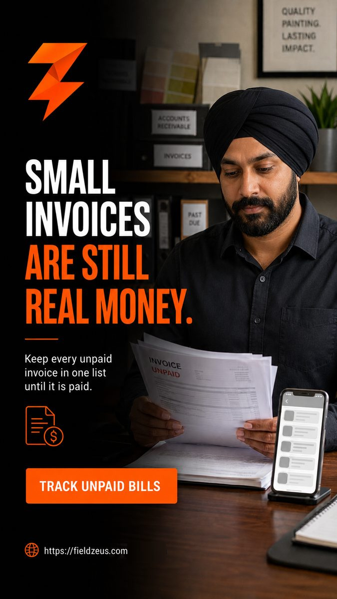 Campaign poster: a small-office scene, beside the headline "Small Invoices Are Still Real Money."