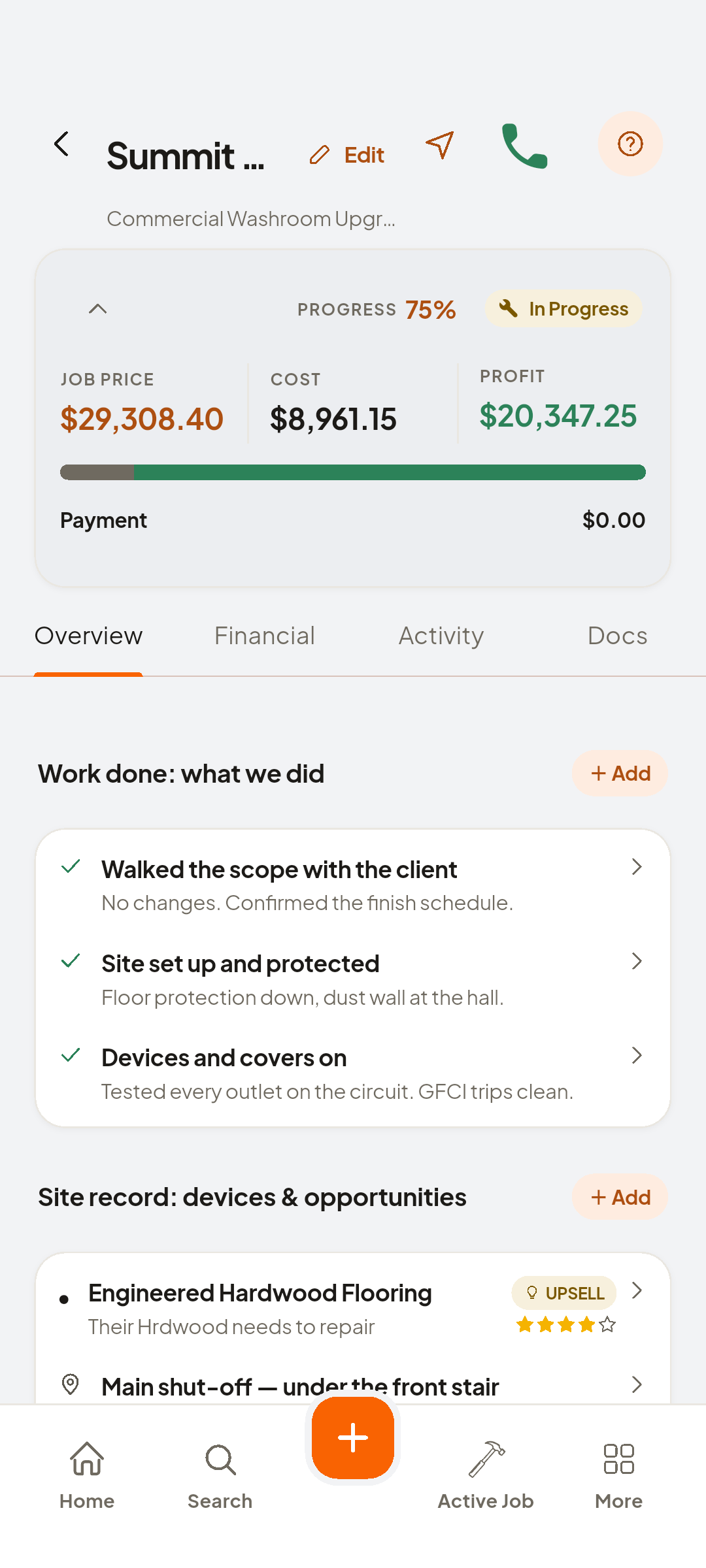 A job open in the app, showing the price, cost and profit for the job, and the tabs for financials, activity and documents.