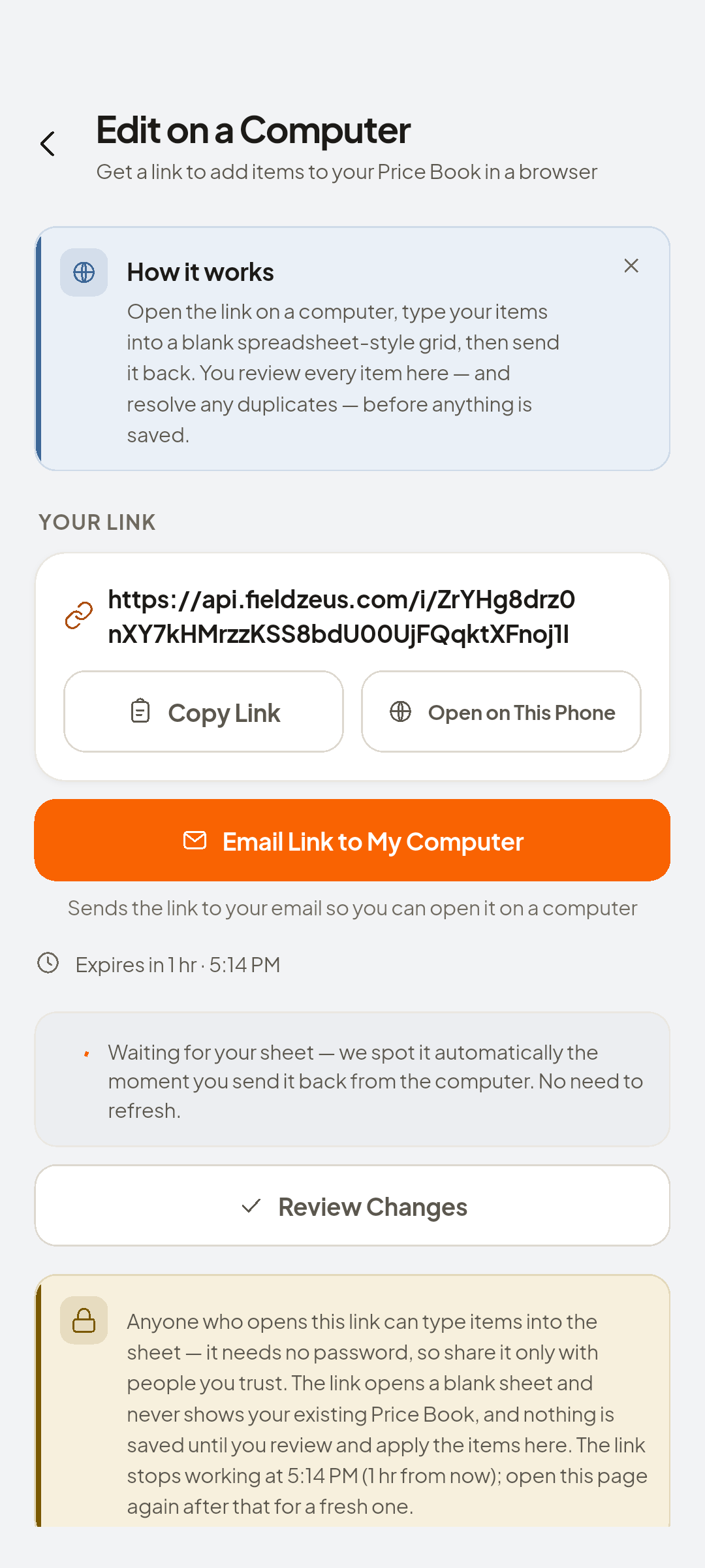 Um celular mostrando a tela Editar no Computador, que gera um link de uso único que abre a Tabela de Preços como uma planilha no navegador.