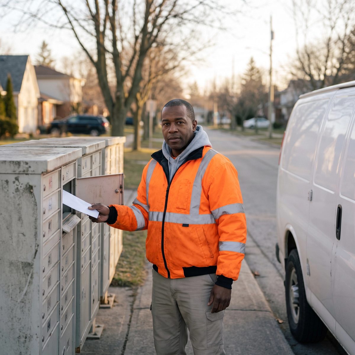 Um prestador de serviços ao lado de uma van de trabalho estacionada, retirando um envelope de uma fileira de caixas de correio comunitárias na luz da manhã