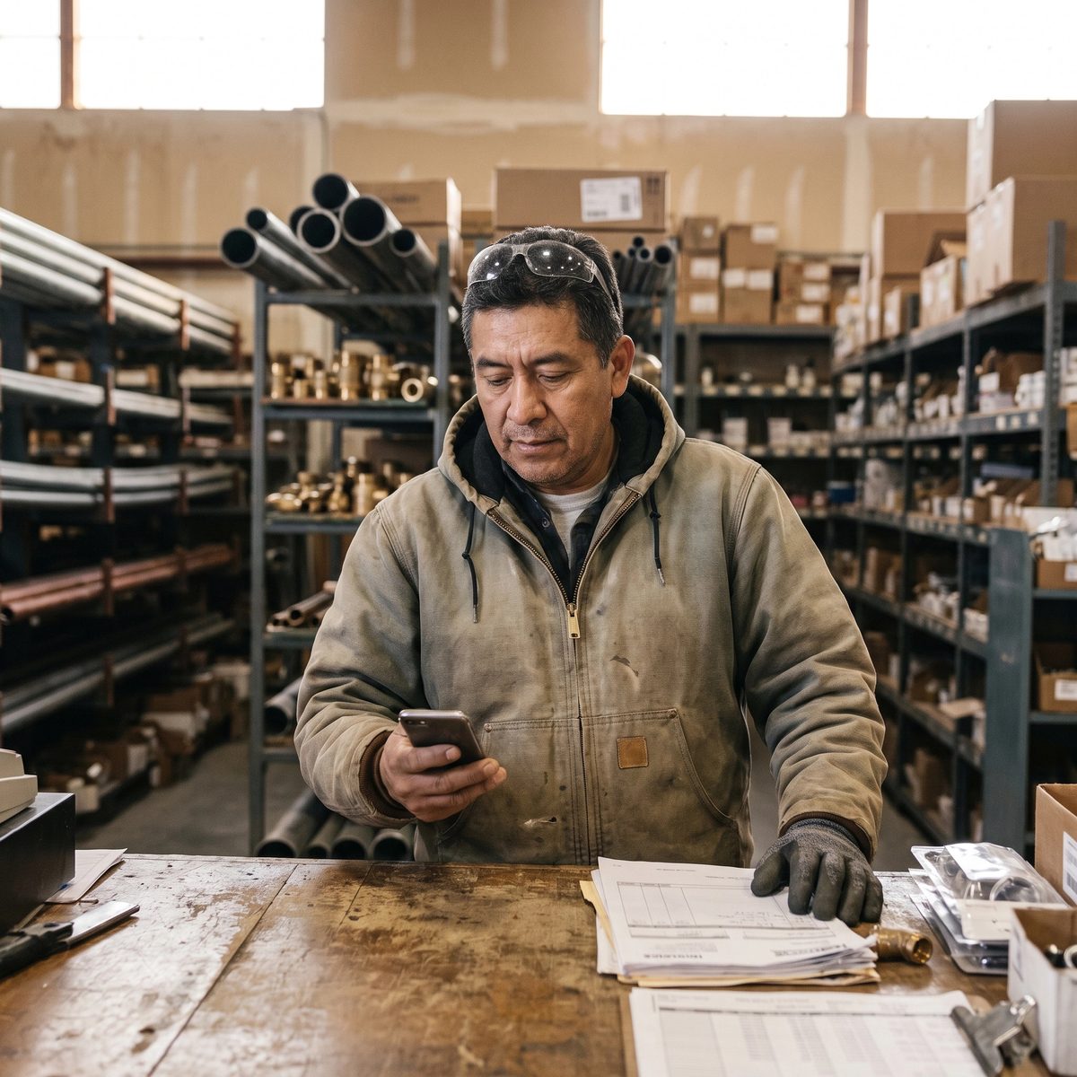 Um profissional de jaqueta de lona esperando no balcão de uma loja de materiais com o celular na mão