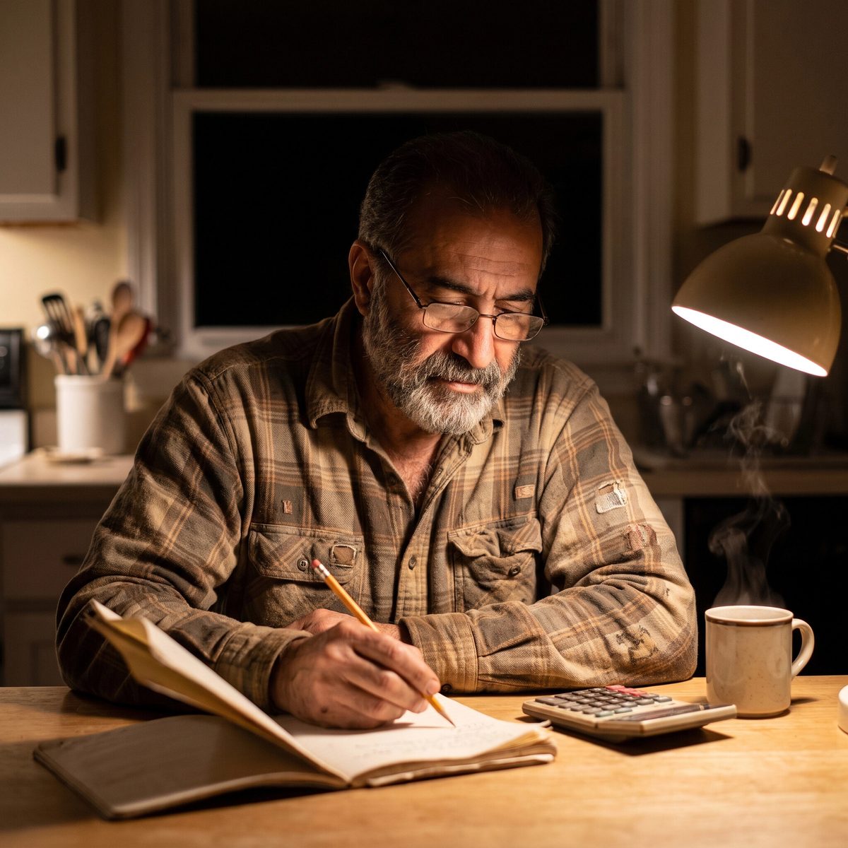 Un profesional del oficio en la mesa de la cocina antes del amanecer, con café, libreta y calculadora
