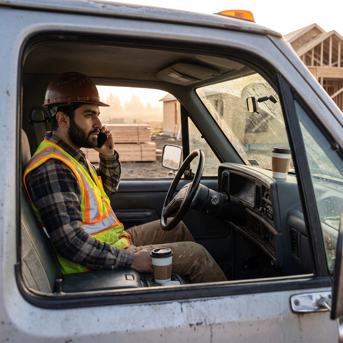 Un entrepreneur assis dans la cabine de son camion de travail le matin, au téléphone, avec un chantier résidentiel visible à travers le pare-brise