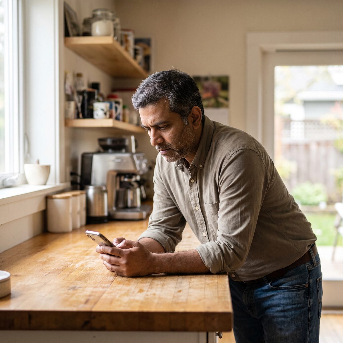 A homeowner paying an invoice on a phone at a kitchen counter