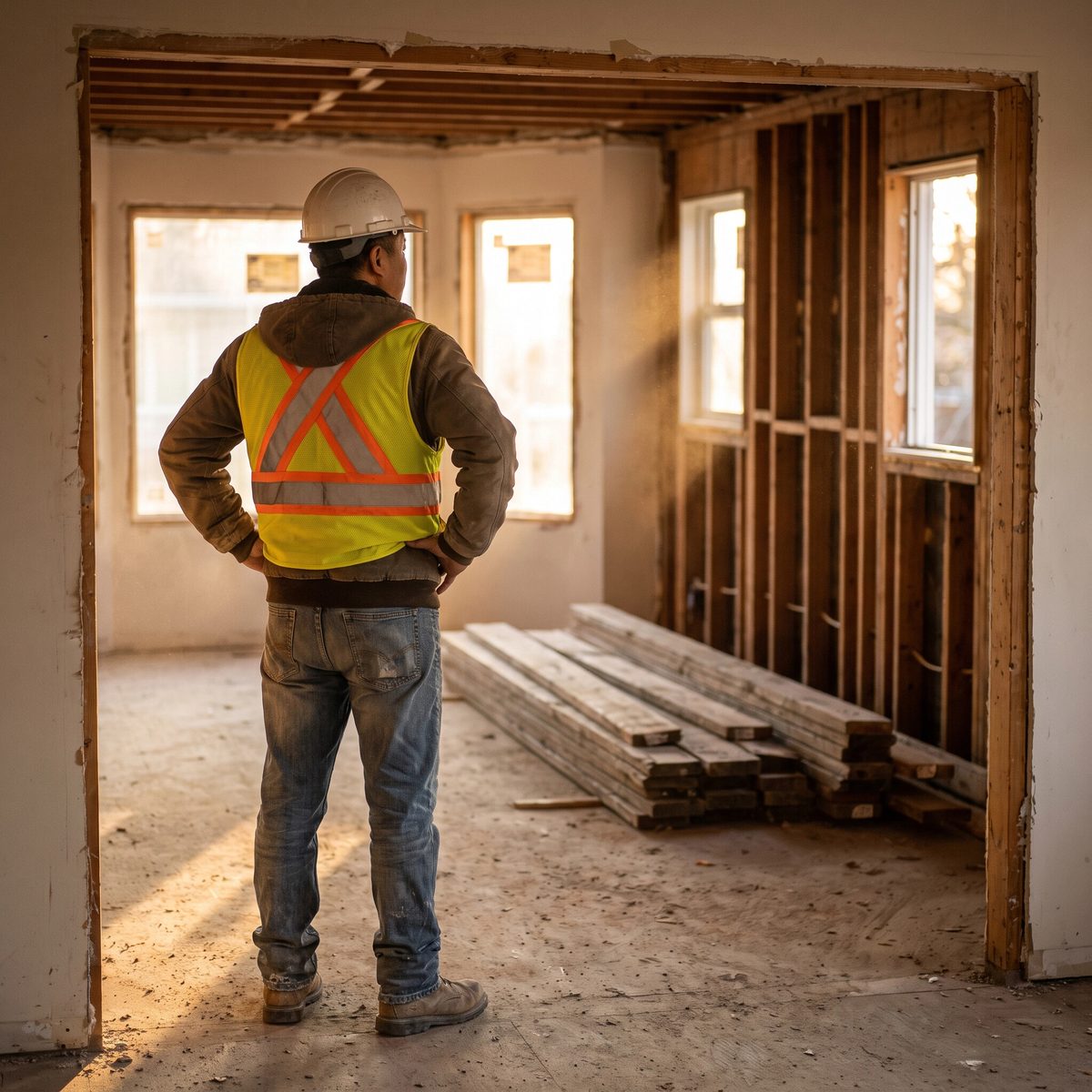 Wykonawca stoi w progu niedokończonego pomieszczenia o złotej godzinie, oceniając pozostałą pracę