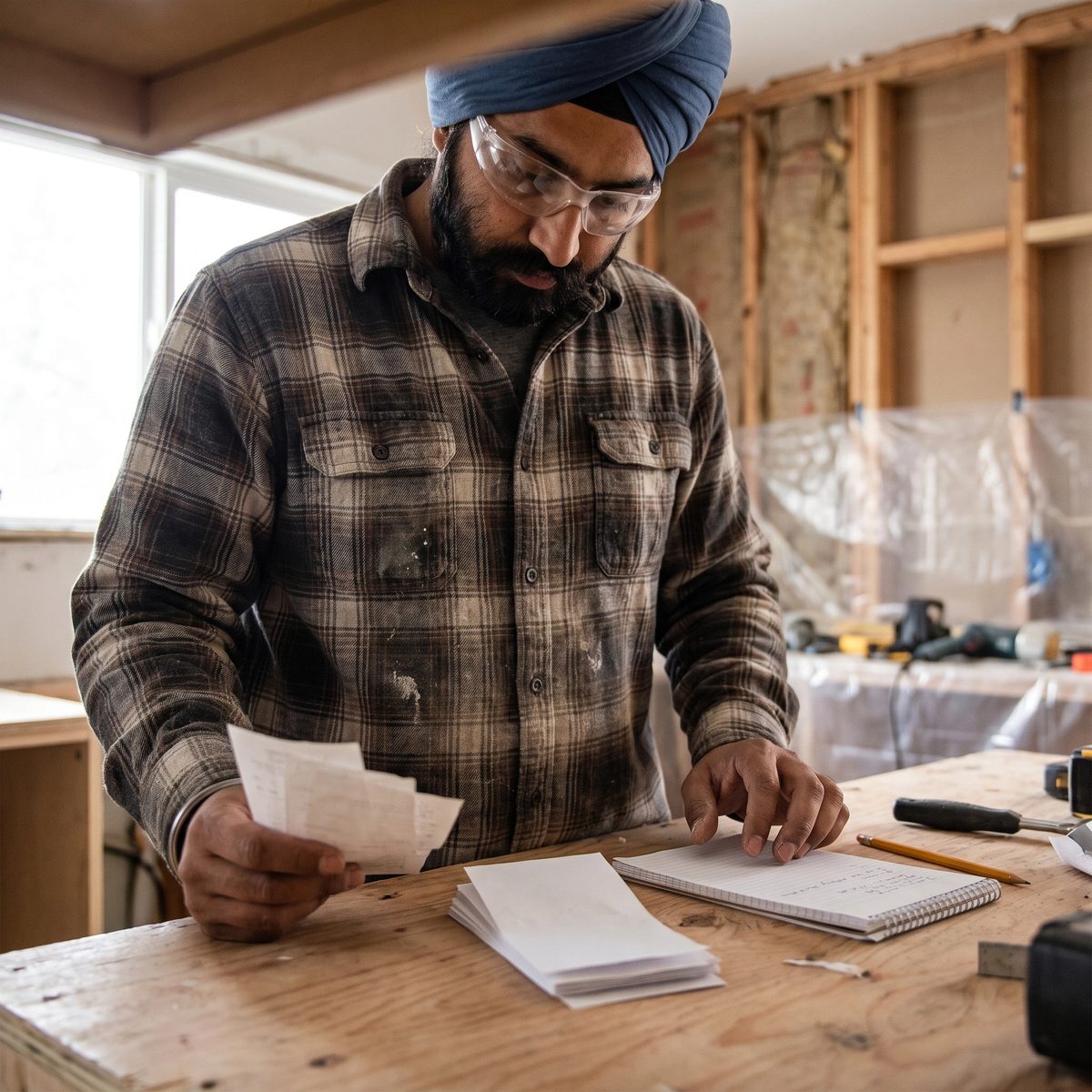 Hands sorting supplier receipts beside a notepad on a kitchen counter in a house mid-renovation