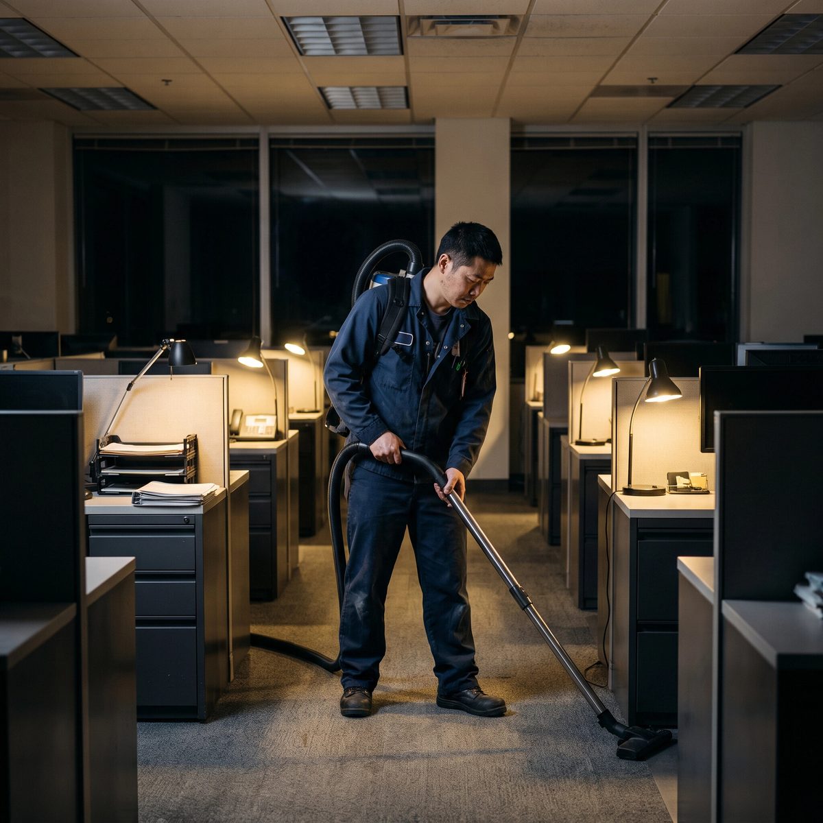 Isang cleaner na gumagamit ng backpack vacuum sa hilera ng mga cubicle sa isang madilim na opisina kinagabihan