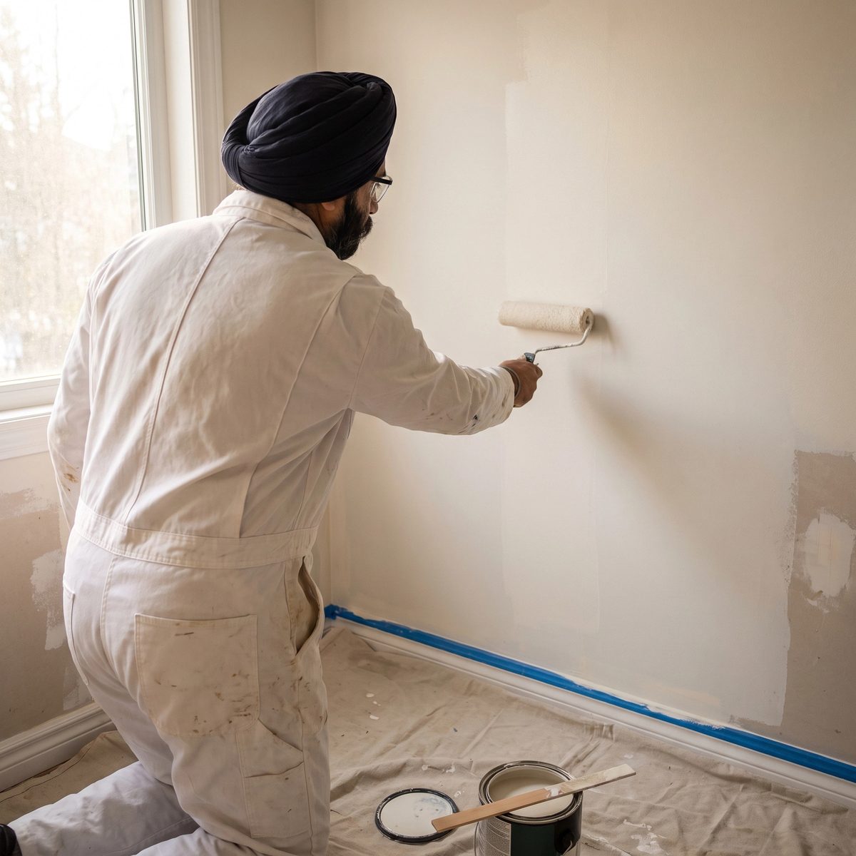 Un pintor aplicando la primera mano sobre una pared de recámara parchada junto a molduras enmascaradas