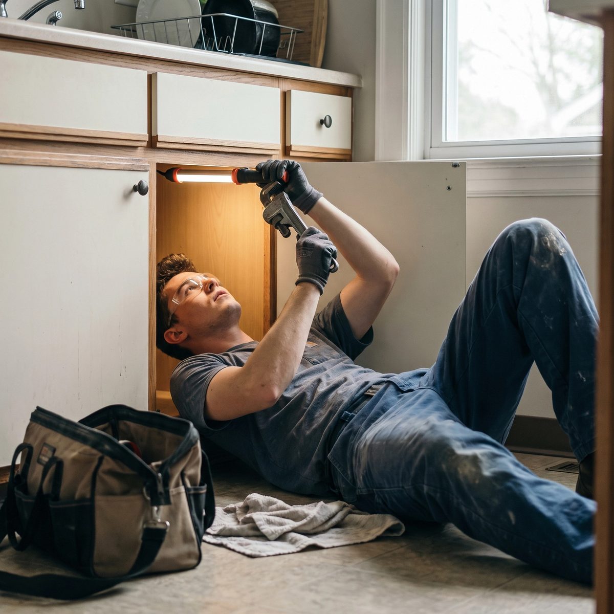 A plumber tightening a supply line under a kitchen sink with a work light in the cabinet