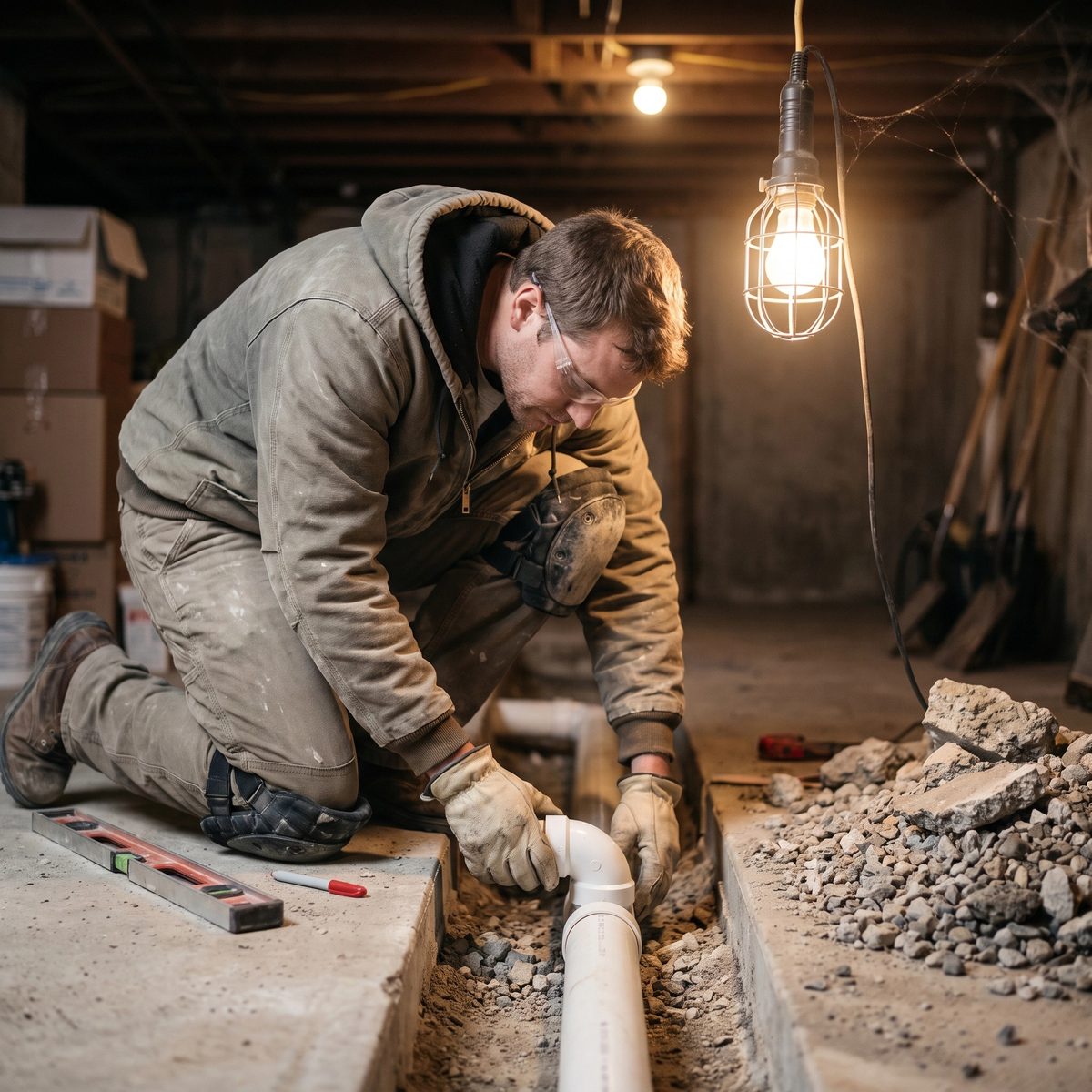 A plumber assembling PVC drain lines in a broken-open section of basement slab
