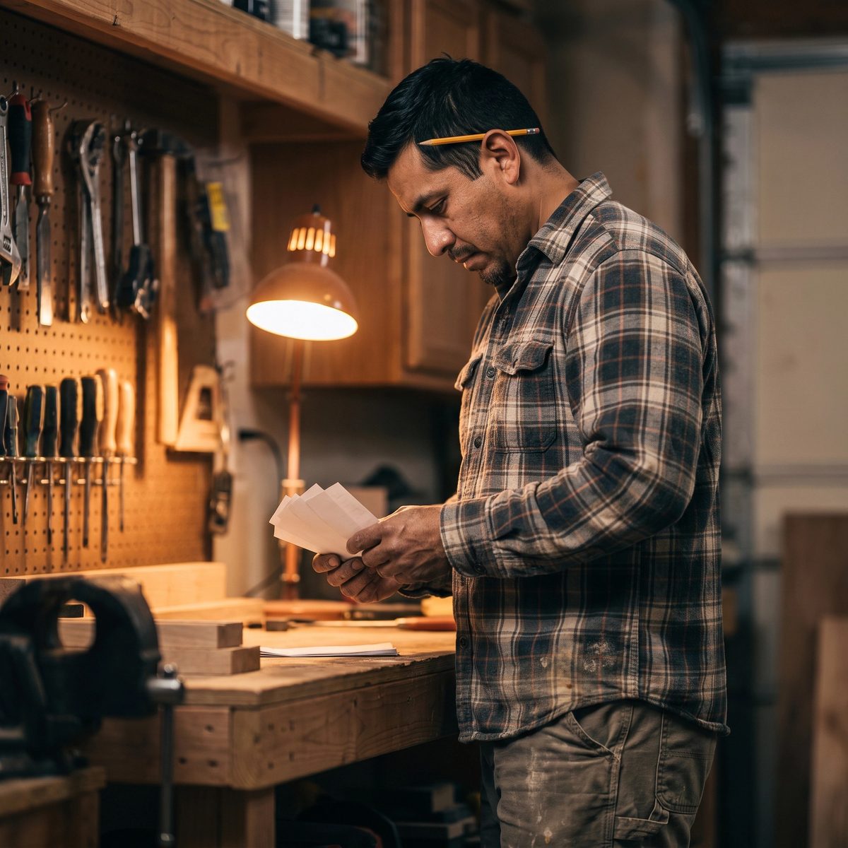 A carpenter reviewing a small stack of supplier receipts at a workbench in a home garage workshop