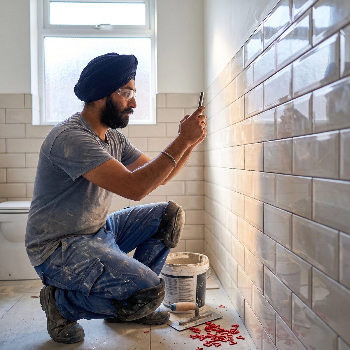 A tradesperson crouching in a renovated bathroom photographing finished tile work with a phone