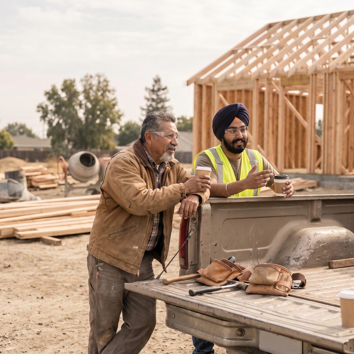 ਇੱਕ ਸ਼ਾਂਤ ਜੌਬ ਸਾਈਟ 'ਤੇ ਟਰੱਕ ਦੇ ਟੇਲਗੇਟ 'ਤੇ ਕੌਫੀ ਦੇ ਕੱਪਾਂ ਨਾਲ ਗੱਲ ਕਰਦੇ ਮਾਲਕ ਅਤੇ ਟਰੇਡਸਪਰਸਨ