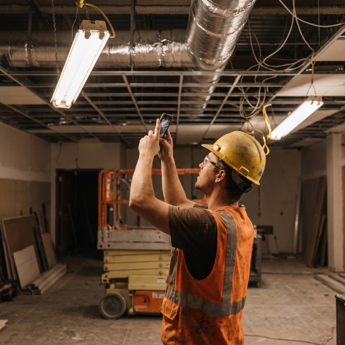 A contractor photographing open ceiling work in a commercial unit before the grid closes