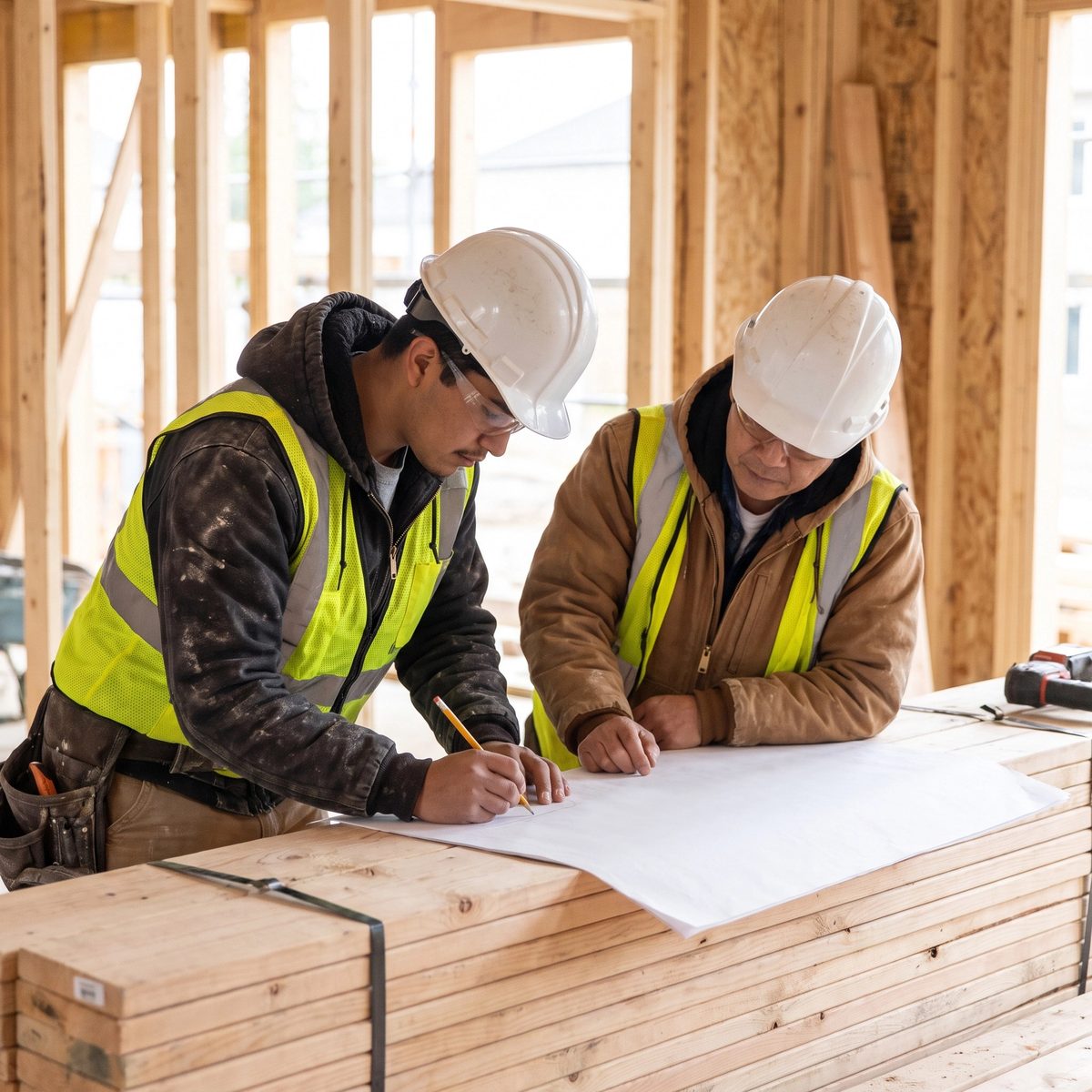 Two tradespeople reviewing a single sheet of paper together on a stack of lumber at a job site