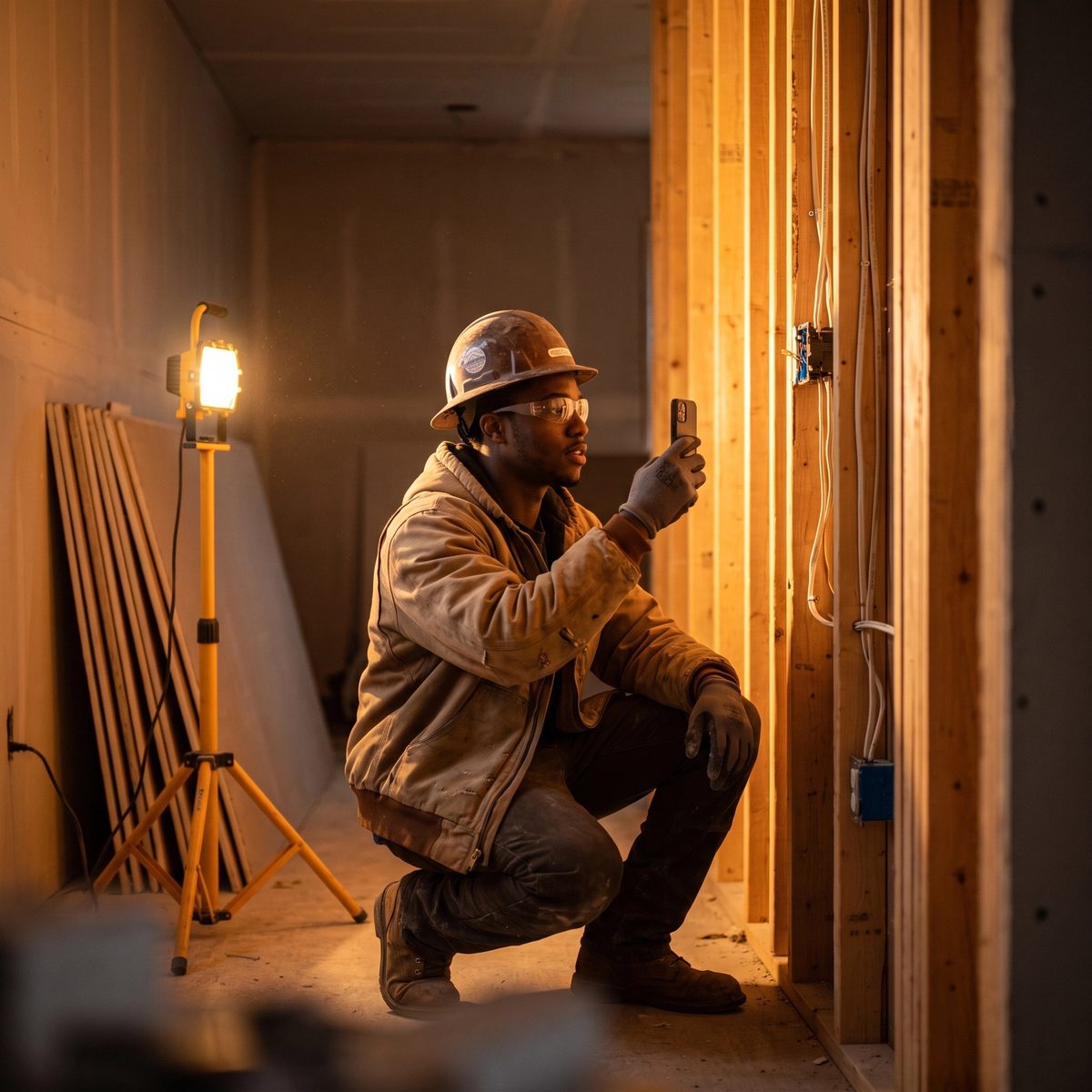 Un électricien qui photographie le câblage dans un mur à ossature apparente, avant la pose du gypse, sous une lampe de chantier