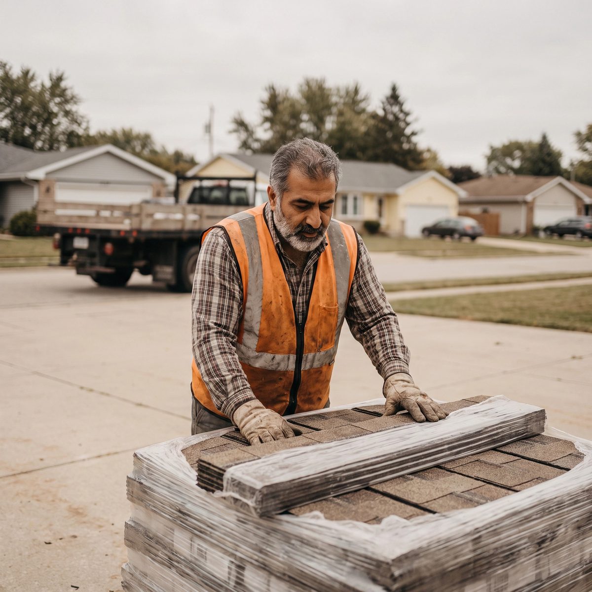 A roofer checking a delivered pallet of shingle bundles in a driveway