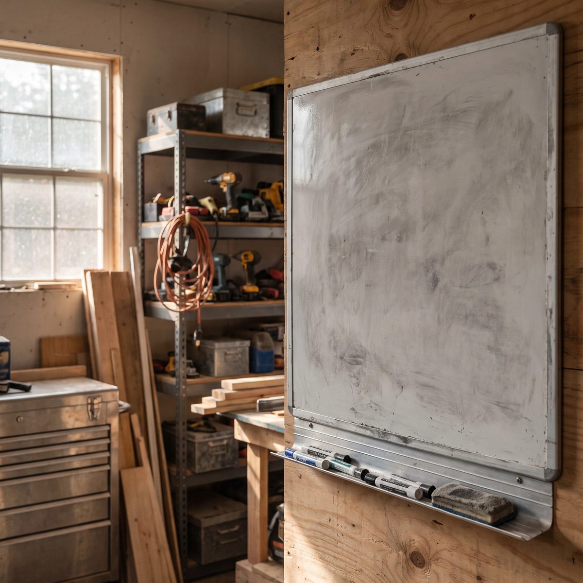 Un horaire à moitié effacé et réécrit sur un tableau blanc, dans l’atelier d’un entrepreneur