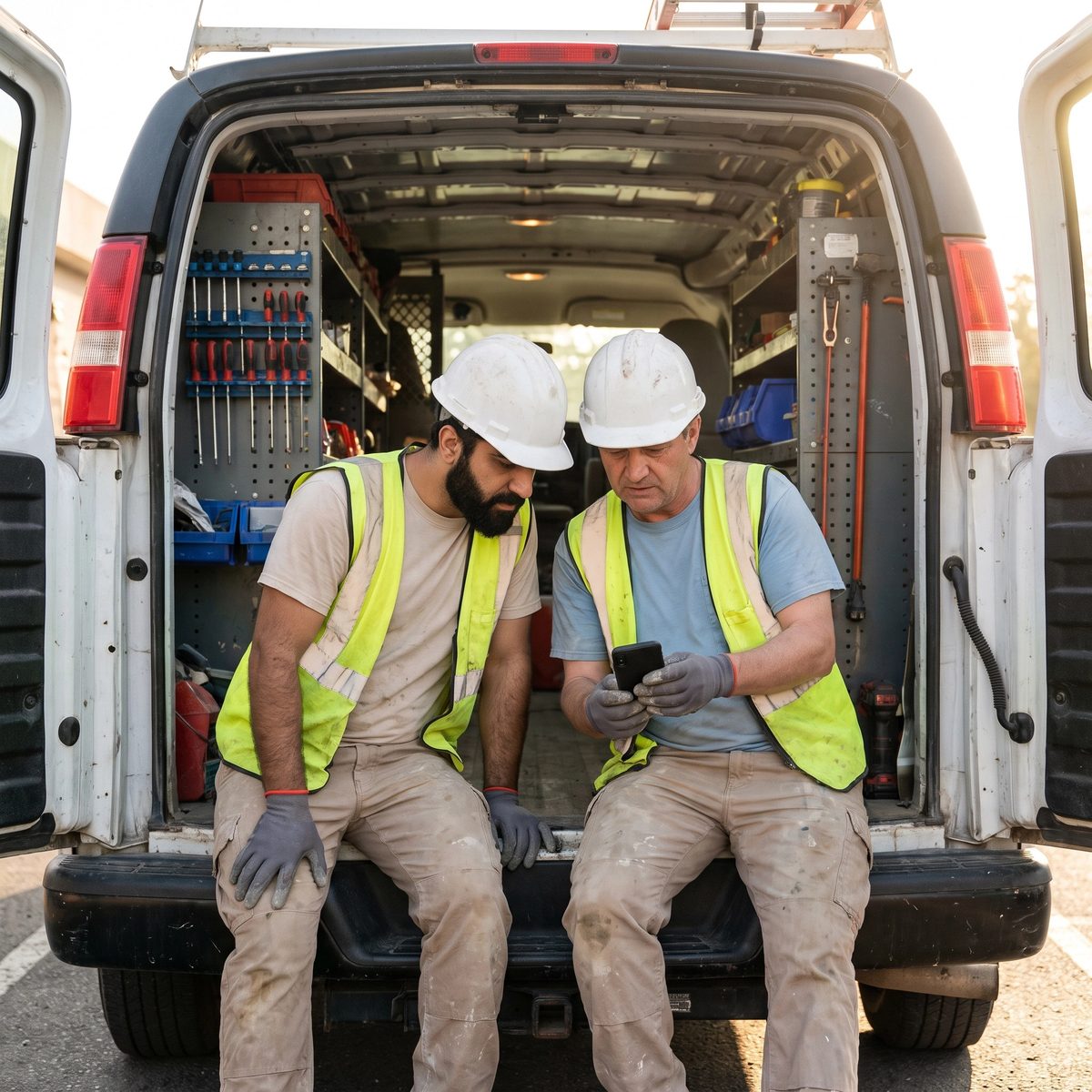 Deux membres de l’équipe consultent un téléphone ensemble, à l’arrière d’une camionnette