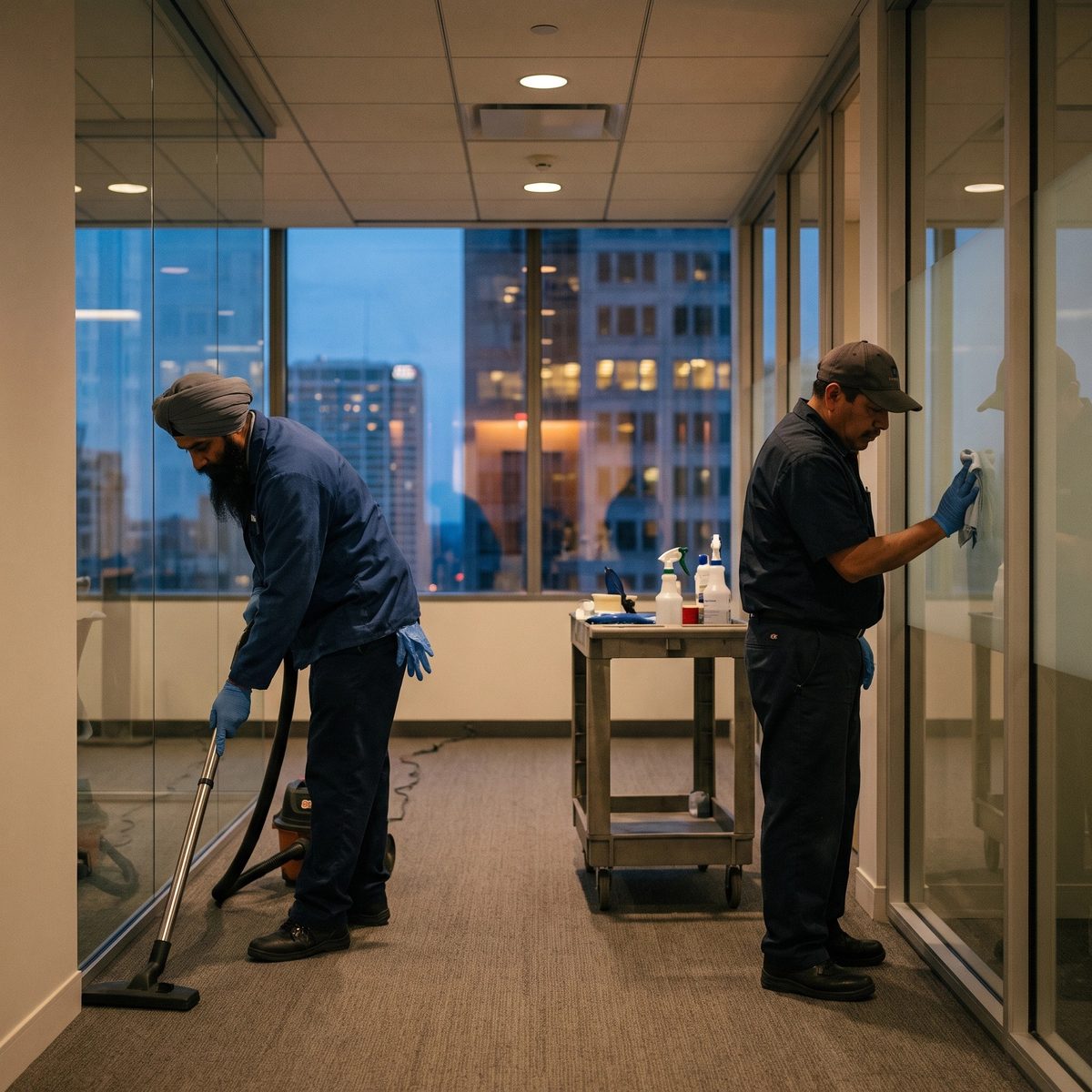 Two cleaners working an empty office corridor in the evening, one vacuuming and one wiping glass