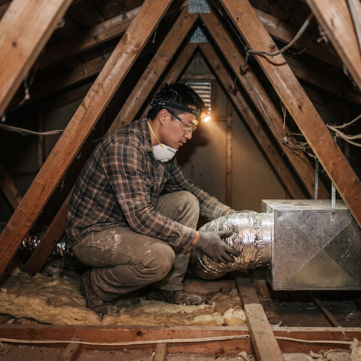 Un installateur CVC travaillant sur des conduits dans un comble exigu, éclairé par une lampe frontale
