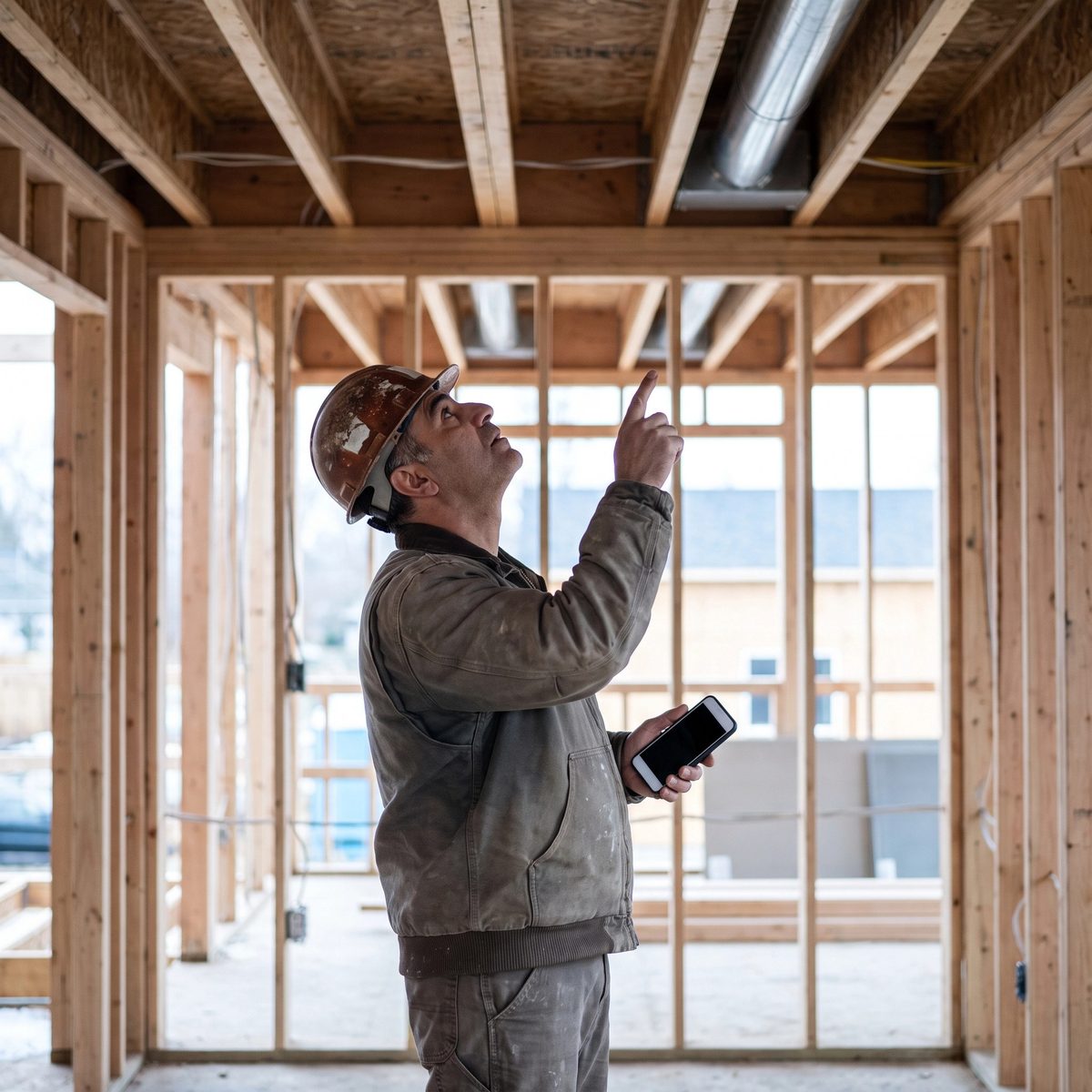 A tradesperson holding a phone up in a framed room while pointing at the ceiling structure