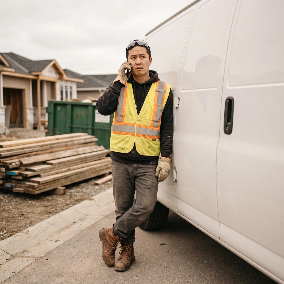 A foreman leaning against a work van talking on his phone with a residential job site behind him