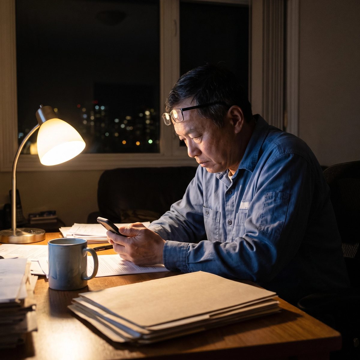 An owner at a home-office desk at night, reviewing something on a phone under a lamp